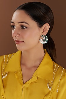 White Finish Zircon & Green Stone Dangler Earrings