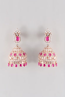 Rose Gold Finish Faux Diamond & Red Synthetic Stone jhumka Earrings