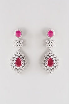 White Finish Faux Diamond & Red Stone Dangler Earrings