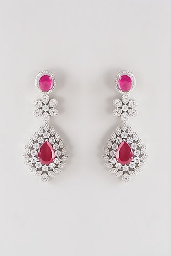 White Finish Faux Diamond & Red Stone Dangler Earrings