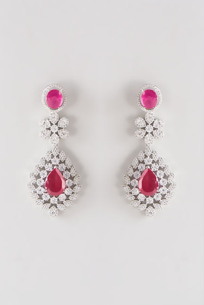 White Finish Faux Diamond & Red Stone Dangler Earrings