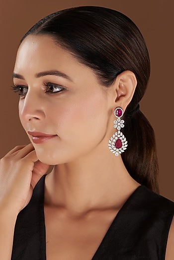 White Finish Faux Diamond & Red Stone Dangler Earrings