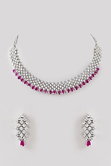 White Finish Pink Faux Diamond Necklace Set