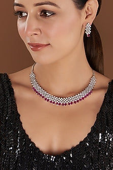 White Finish Pink Faux Diamond Necklace Set