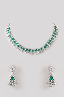 White Finish Green Faux Diamond Necklace Set