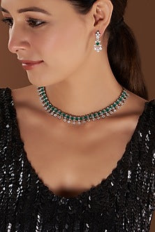 White Finish Green Faux Diamond Necklace Set