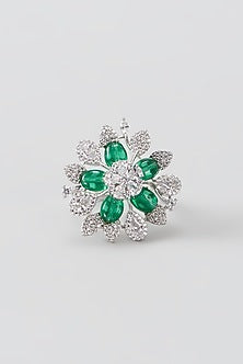 White Finish Faux Diamond & Green Synthetic Stone Ring