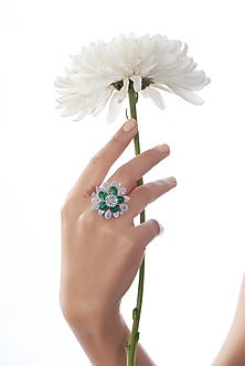 White Finish Faux Diamond & Green Synthetic Stone Ring