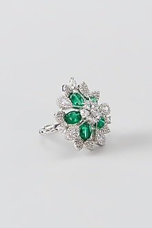 White Finish Faux Diamond & Green Synthetic Stone Ring