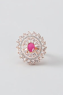 Rose Gold Finish Faux Diamond & Synthetic Red Stone Ring