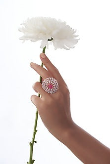 Rose Gold Finish Faux Diamond & Synthetic Red Stone Ring