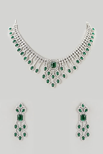 White Finish Faux Diamond & Emerald Necklace Set