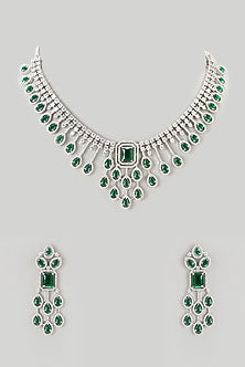 White Finish Faux Diamond & Emerald Necklace Set
