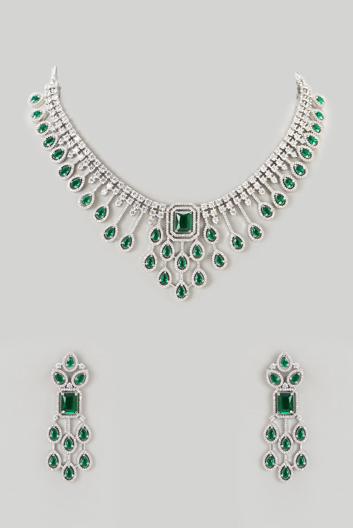 White Finish Faux Diamond & Emerald Necklace Set