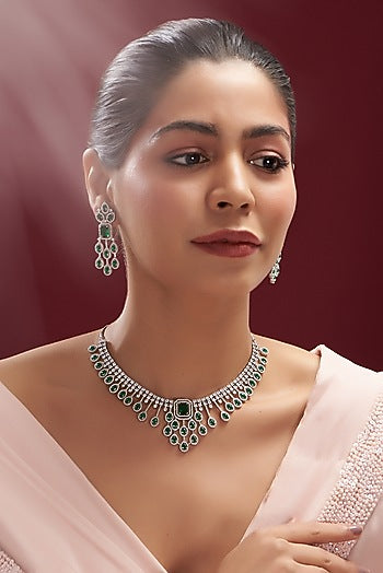 White Finish Faux Diamond & Emerald Necklace Set