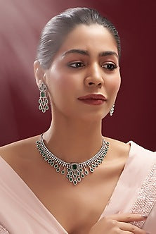 White Finish Faux Diamond & Emerald Necklace Set