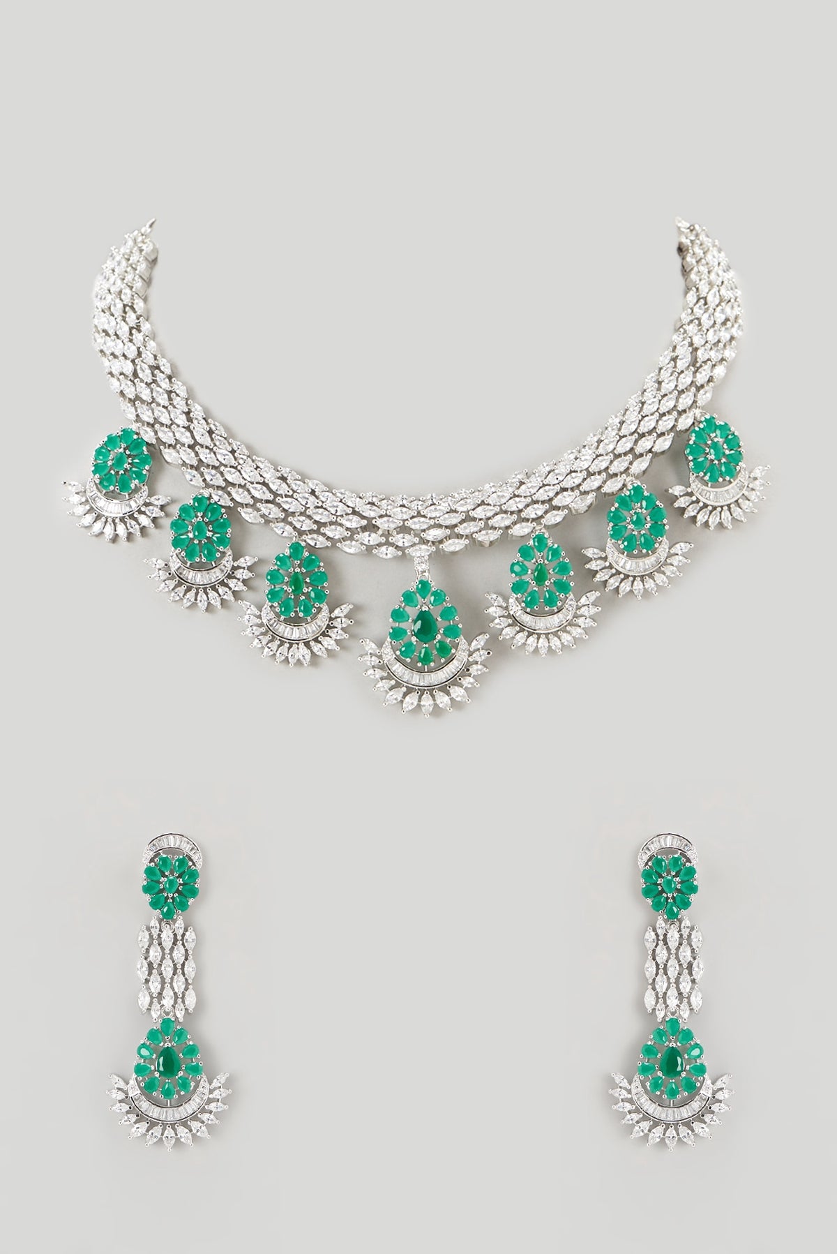White Finish Faux Diamond & Emerald Necklace Set