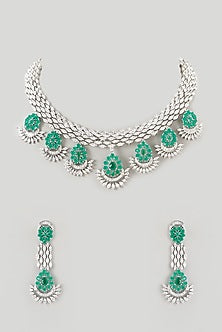 White Finish Faux Diamond & Emerald Necklace Set