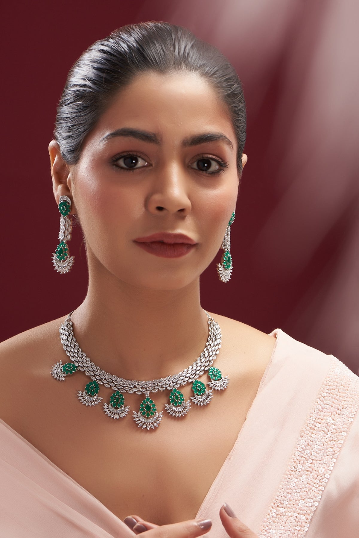 White Finish Faux Diamond & Emerald Necklace Set