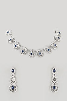 White Finish Faux Diamond & Blue Stone Necklace Set