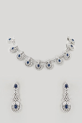 White Finish Faux Diamond & Blue Stone Necklace Set