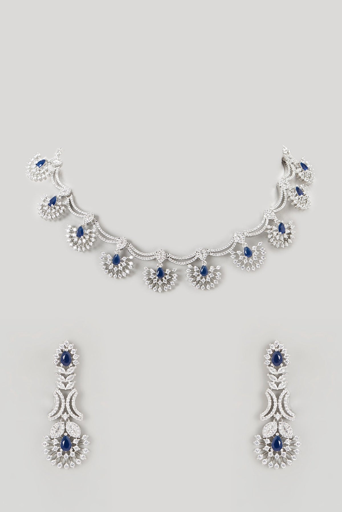 White Finish Faux Diamond & Blue Stone Necklace Set