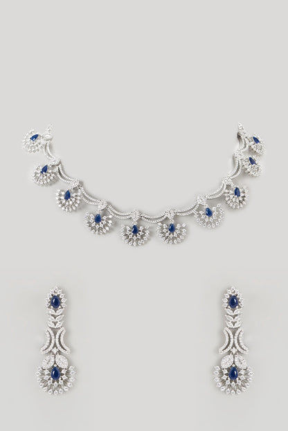 White Finish Faux Diamond & Blue Stone Necklace Set
