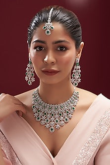 White Finish Faux Diamond & Emerald Choker Necklace Set