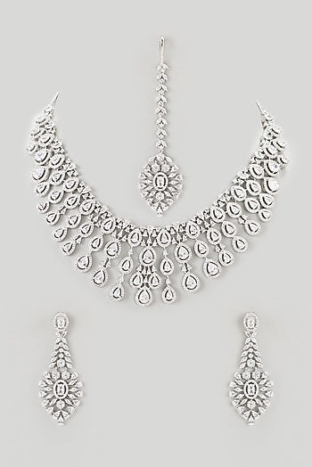 White Finish Faux Diamond Necklace Set