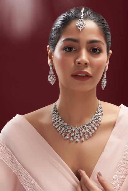 White Finish Faux Diamond Necklace Set