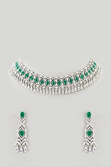 White Finish Faux Diamond & Emerald Necklace Set