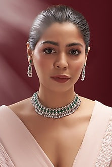 White Finish Faux Diamond & Emerald Necklace Set