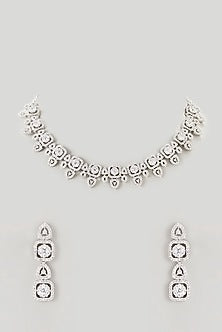 White Finish Faux Diamond Necklace Set