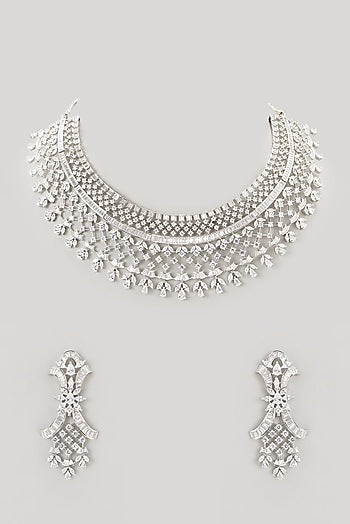 White Finish Faux Diamond Choker Necklace Set