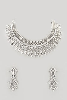 White Finish Faux Diamond Choker Necklace Set