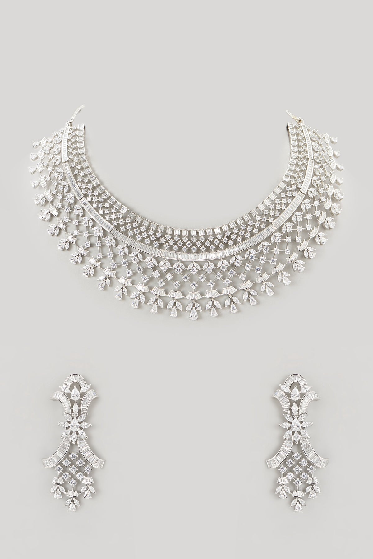 White Finish Faux Diamond Choker Necklace Set