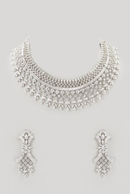 White Finish Faux Diamond Choker Necklace Set