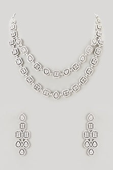 White Finish Faux Diamond Layered Necklace Set
