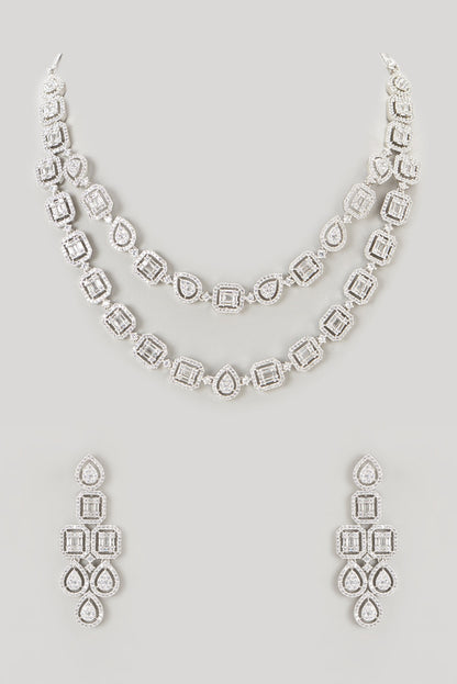 White Finish Faux Diamond Layered Necklace Set