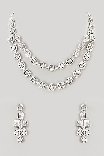 White Finish Faux Diamond Layered Necklace Set