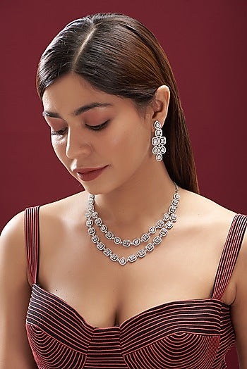 White Finish Faux Diamond Layered Necklace Set