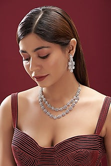 White Finish Faux Diamond Layered Necklace Set