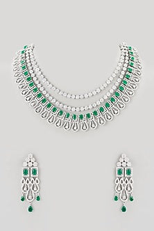 White Finish Zircon & Emerald Stone Layered Necklace Set