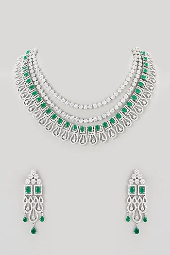 White Finish Zircon & Emerald Stone Layered Necklace Set