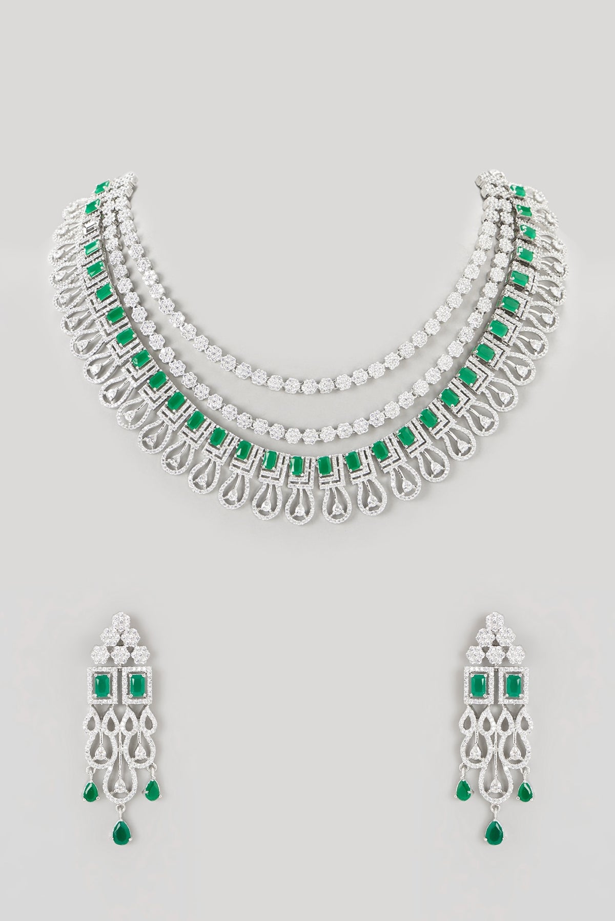 White Finish Zircon & Emerald Stone Layered Necklace Set
