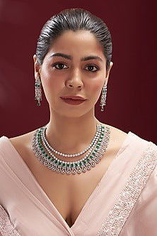 White Finish Zircon & Emerald Stone Layered Necklace Set
