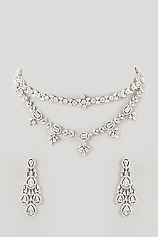 White Finish Faux Diamond Layered Necklace Set