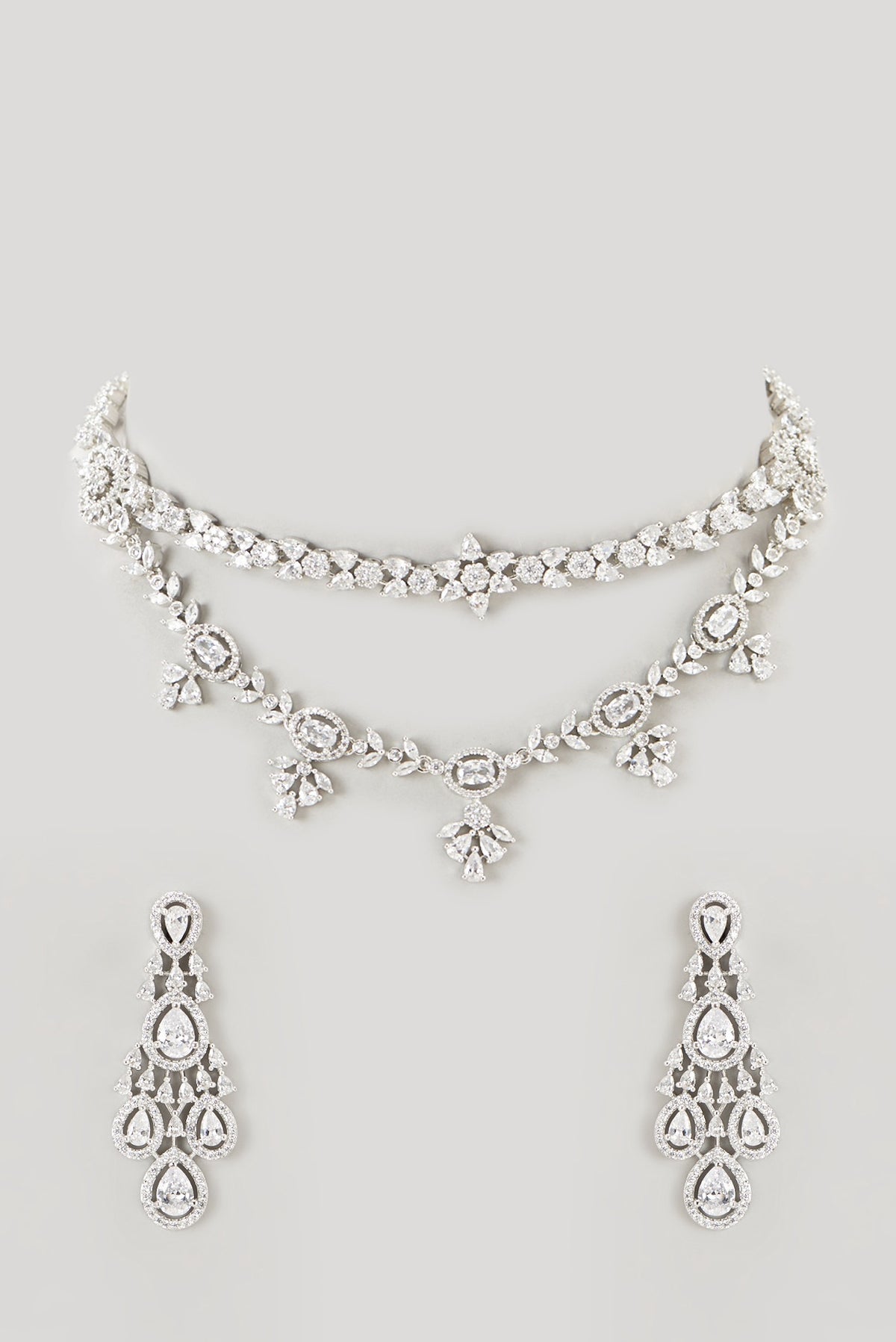 White Finish Faux Diamond Layered Necklace Set