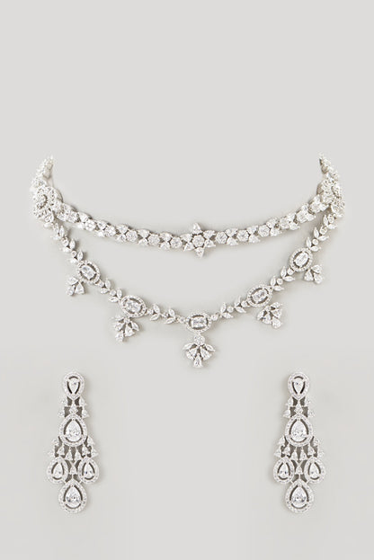 White Finish Faux Diamond Layered Necklace Set