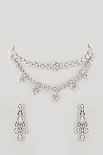 White Finish Faux Diamond Layered Necklace Set